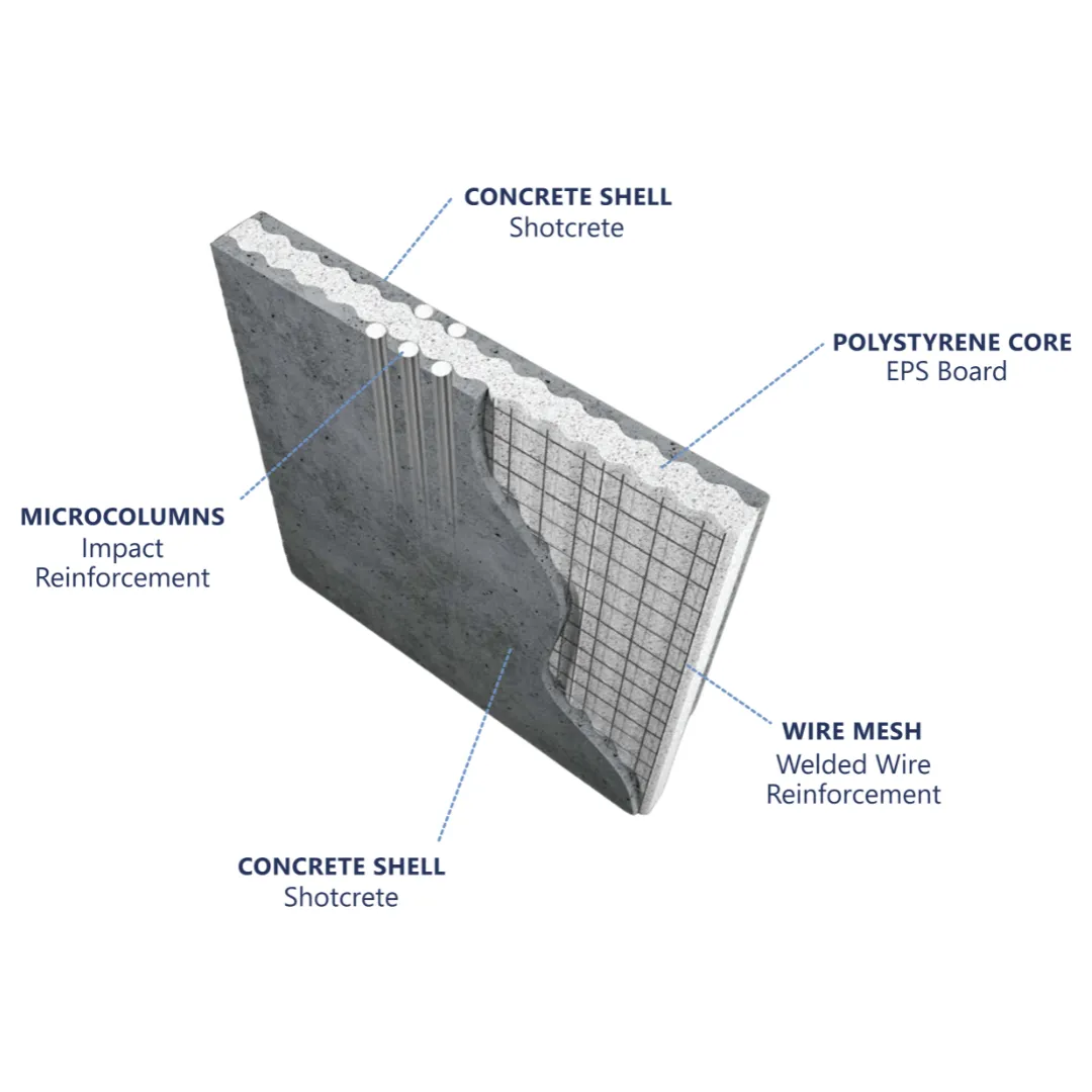 Fortified SCIP panel cutaway showing concrete shells, polystyrene core, microcolumns, and welded wire reinforcement.